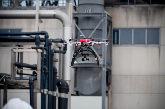 A close-up shot of a drone equipped with AI-powered sensors flying over an industrial area in the US, capturing air pollution data in real-time. The drone is sleek and modern, highlighting the use of advanced technology for environmental monitoring.