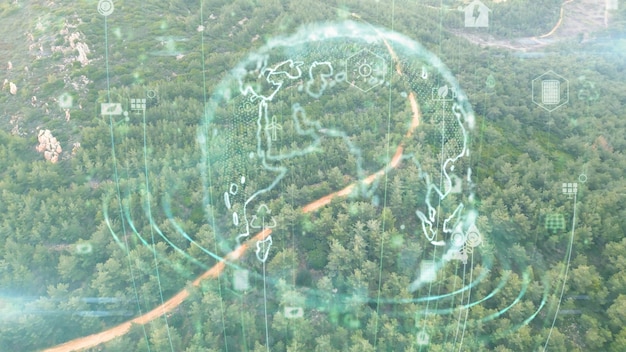 A graphic representation of AI algorithms analyzing satellite imagery to detect deforestation patterns in a US national forest. The image shows areas of forest loss highlighted in red, with AI-generated annotations indicating the causes of deforestation.