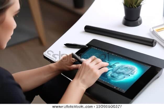 A digital interface showing an AI-powered design tool. The interface displays a 3D model being manipulated by AI algorithms, with options for real-time style and texture adjustments. The tool is being used by a designer sitting at a modern workstation.