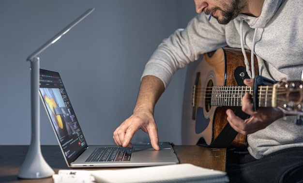 A musician using an AI-powered music composition software on a laptop. The software displays a complex arrangement of musical notes and waveforms, with AI algorithms generating harmonies and rhythms in real-time. The musician is shown interacting with the software using a MIDI keyboard.