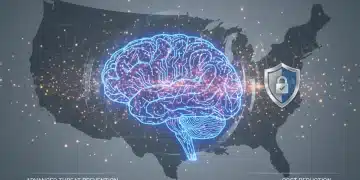 AI brain analyzing network data for anomalies, symbolizing reduced breach costs in the US