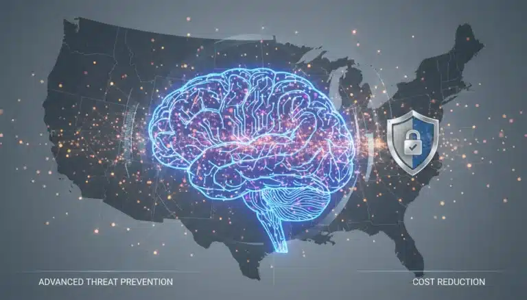 AI brain analyzing network data for anomalies, symbolizing reduced breach costs in the US