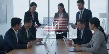 Business professionals comparing translation app features on devices for US English Only compliance