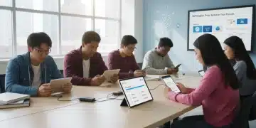 Students using English testing apps on tablets for exam preparation in a modern classroom setting.