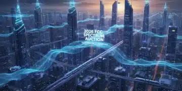 Futuristic city skyline with glowing 5G network connections, representing the impact of the 2026 FCC Spectrum Auction on US carrier strategies.
