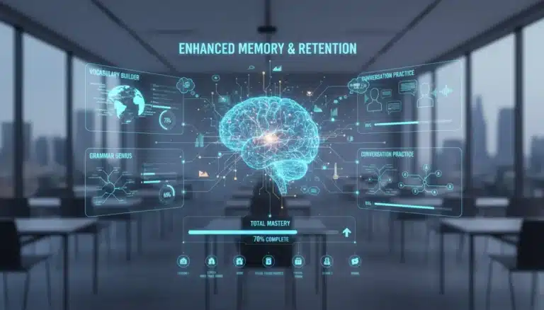 Futuristic app interface boosting English retention with AI