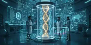 Futuristic lab with DNA helix and holographic data, symbolizing advanced DNA storage applications and data efficiency
