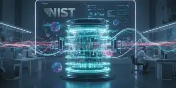 Futuristic quantum computer with glowing circuits and NIST logo