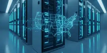 Futuristic edge computing data center in the US, depicting fast real-time data processing