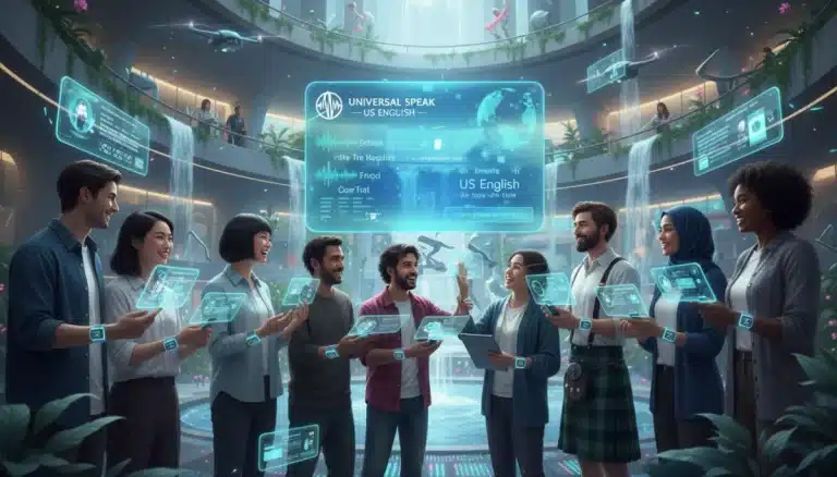 Diverse individuals using a futuristic app to blend global languages with US English.