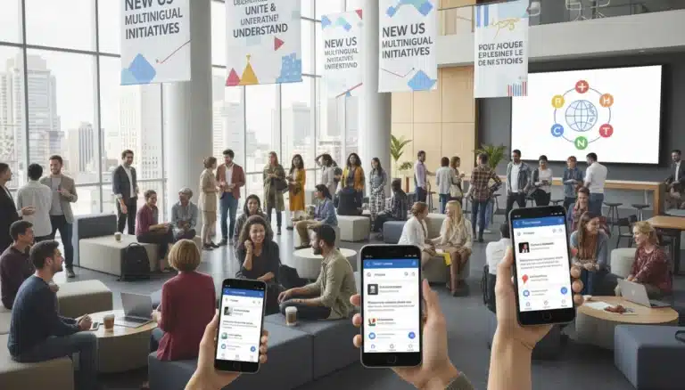 Diverse individuals utilizing Google Translate on smartphones, symbolizing seamless multilingual communication in the US.
