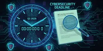 Clock ticking towards Q2 2026 SEC cyber reporting deadlines with audit checklist and cybersecurity icons.