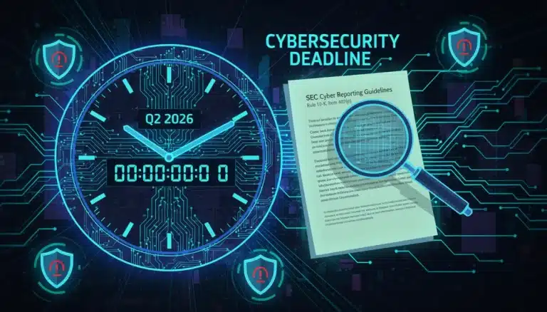 Clock ticking towards Q2 2026 SEC cyber reporting deadlines with audit checklist and cybersecurity icons.