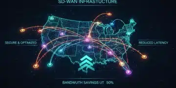 Dynamic network illustration showing data flow optimization and bandwidth savings with SD-WAN for US firms