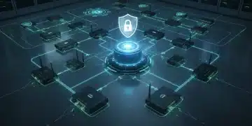 Secure enterprise network infrastructure with glowing Cisco devices and data flow