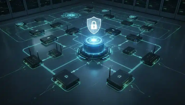 Secure enterprise network infrastructure with glowing Cisco devices and data flow