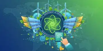 Illustration of US DoE logo with green tech hardware, symbolizing new grant opportunities for sustainable projects.
