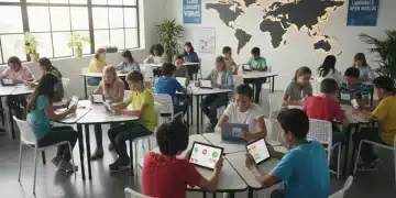 US students using language learning apps on devices in a classroom