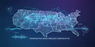Illustration of Wi-Fi network over US map, symbolizing the impact of the 2026 FCC Spectrum Auction on connectivity.