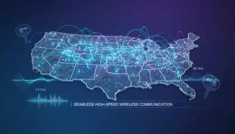 Illustration of Wi-Fi network over US map, symbolizing the impact of the 2026 FCC Spectrum Auction on connectivity.